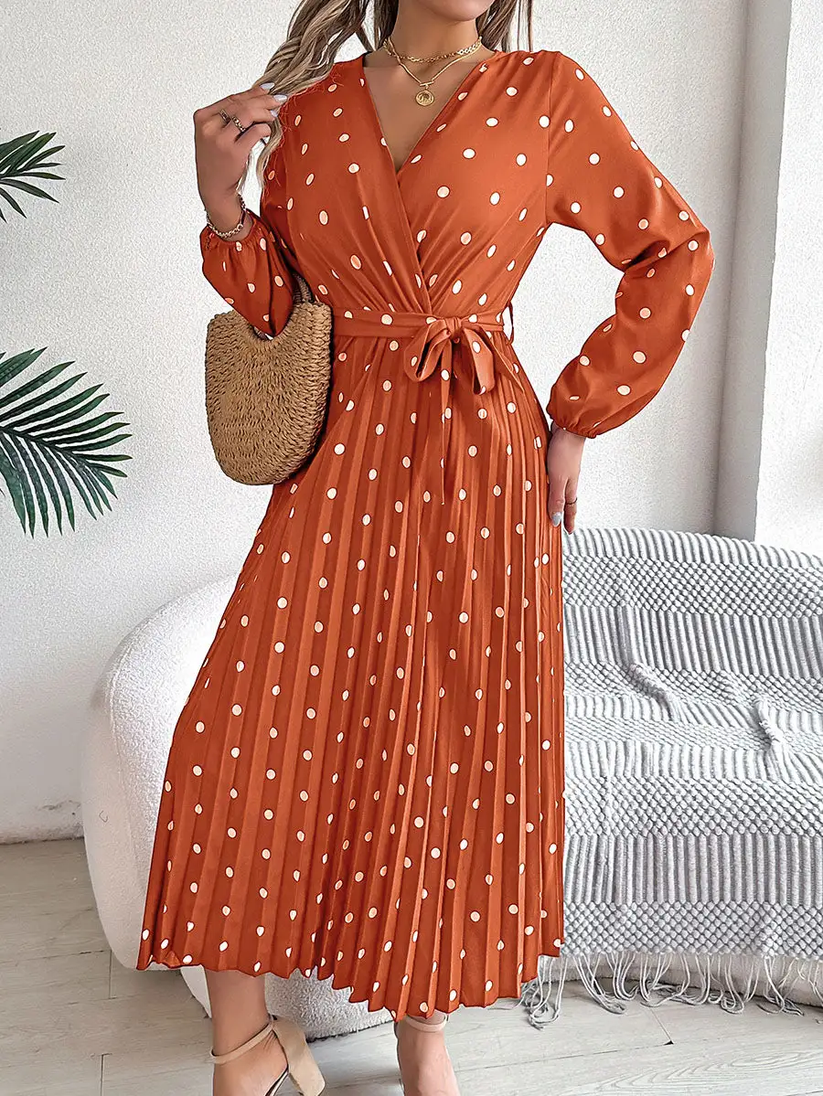 Pleated Polka Dot Long Neck Shirt Maxi