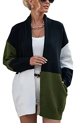 Womens Cardigan Color Block Striped Draped Kimono Cardigans Long Sleeve Open Front Casual Knit Sweaters Coat Outwear