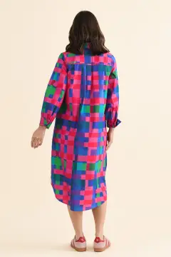 Below-Knee Gingham Cotton Button-Front Pocket Embroidered Collared Dress