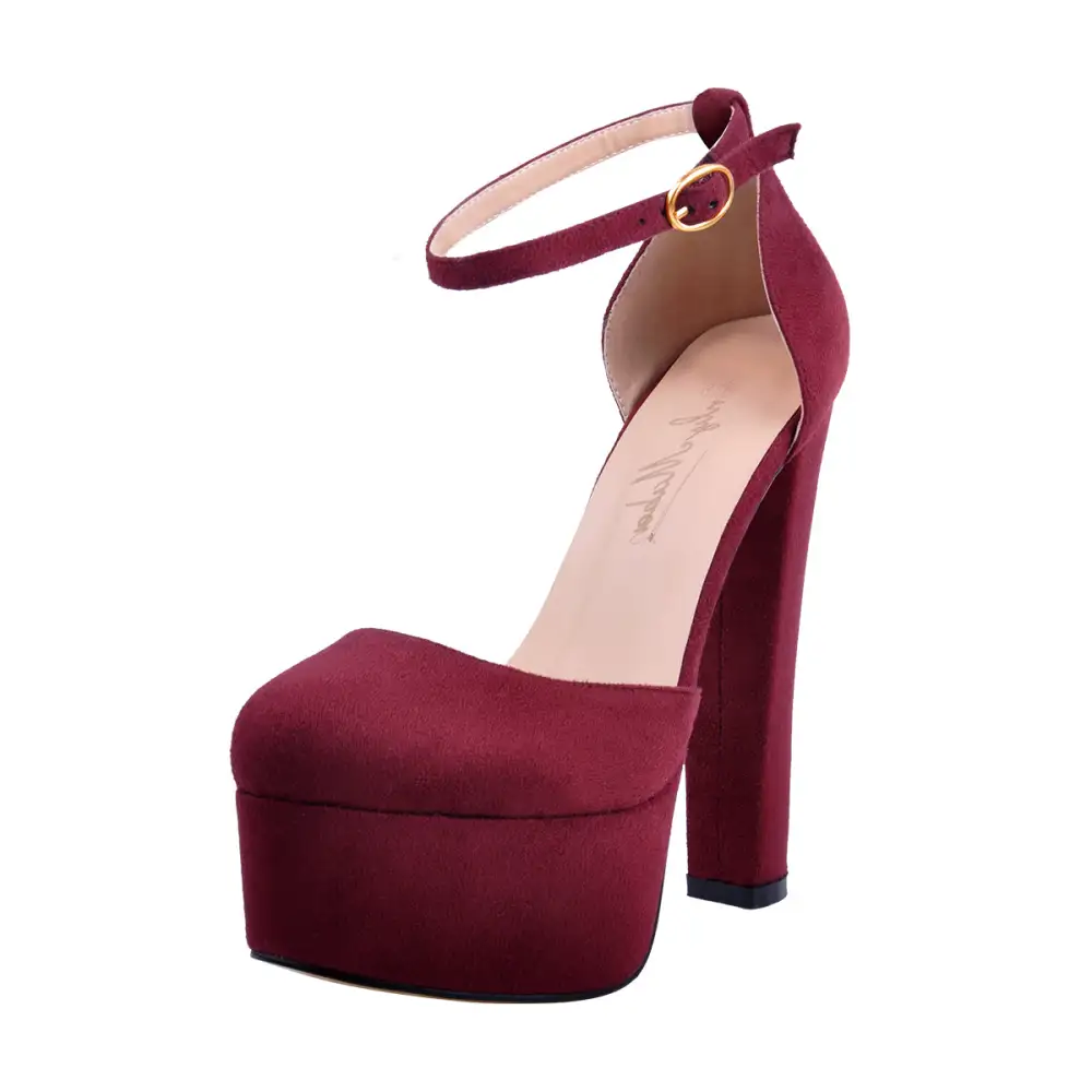 Suede Finish Round Toe Platform Chunky Heel Pumps