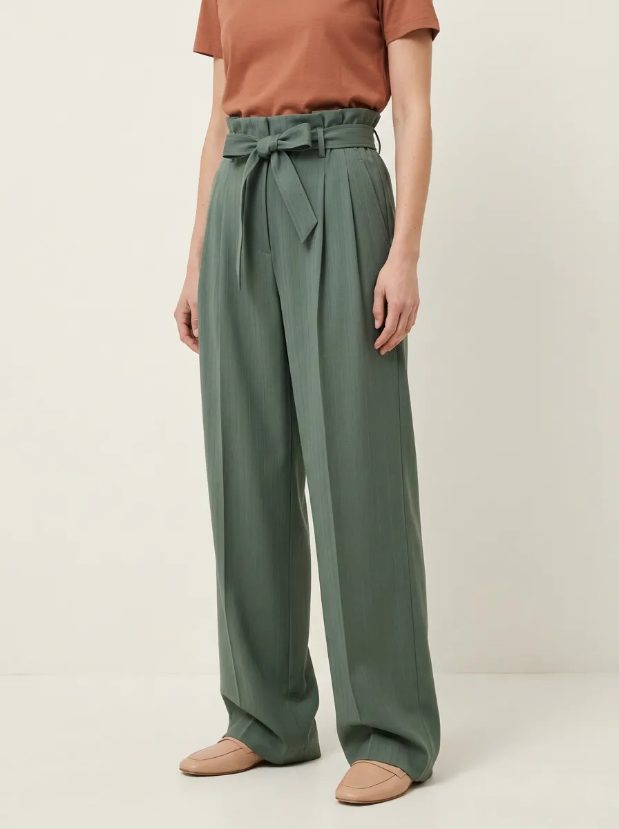 Pinstripe Belted Wide Leg Pants