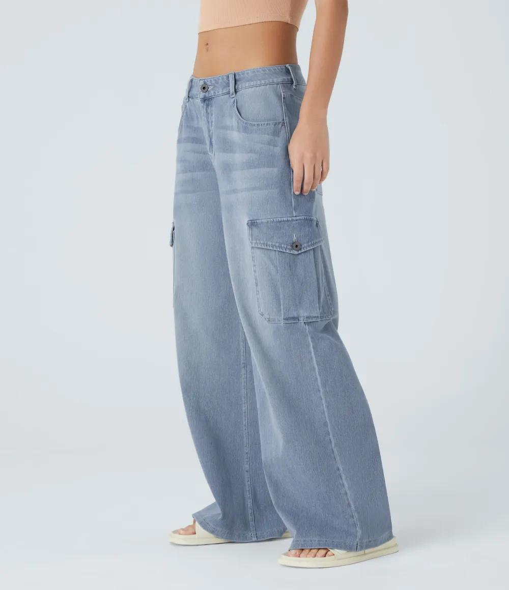 Magic Low Rise Multiple Pockets Stretchy Knit Casual Wide Leg Cargo Jeans