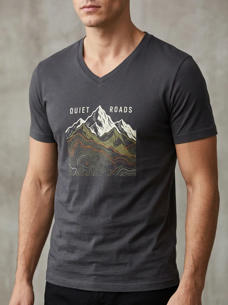Men's Outdoor Adventure Quiet Roads Mountain Topographic Printed V-neck T-shirt