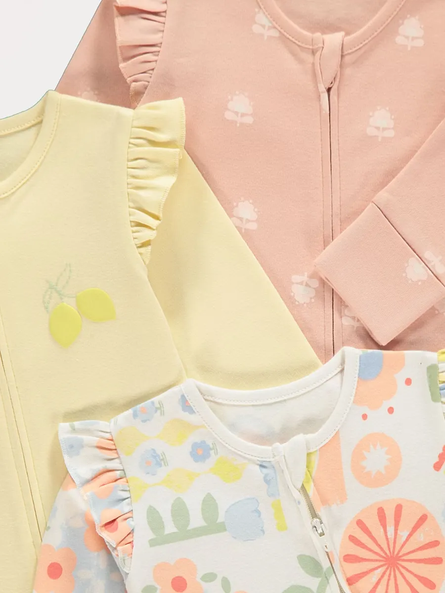 Pastel Flower Zip Fasten Sleepsuits 3 Pack