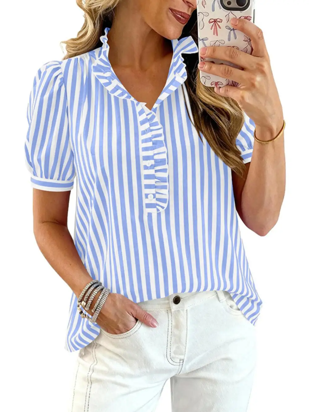 Frill Striped Puff Sleeve Buttoned Ruffled Blouse