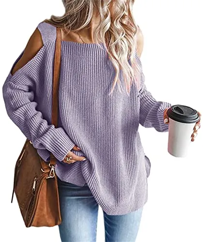 Women's Cold Shoulder Oversized Sweaters Batwing Long Sleeve Square Neck Chunky Knit Fall Tunic Sweater Tops