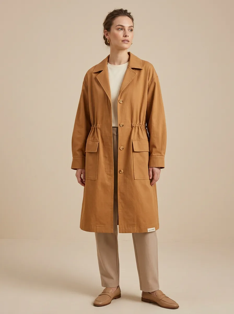 Drawstring Waist Printed Trench Coat
