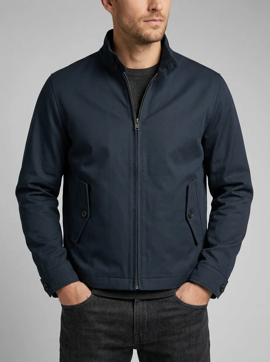 Men's Casual Minimalist Navy Blue Zip-Up Harrington Jacket