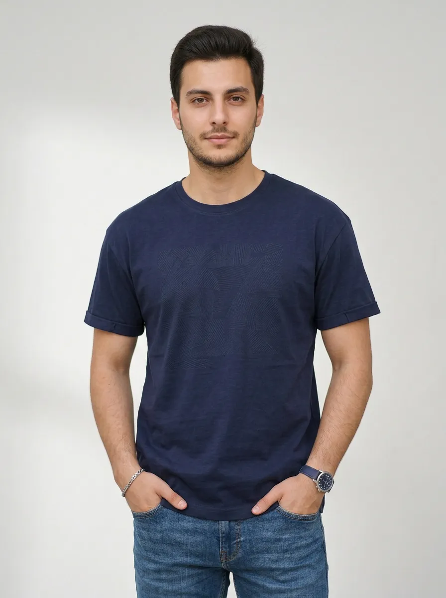 Men's Casual Streetwear Embossed Geometric T-shirt and Jeans Set