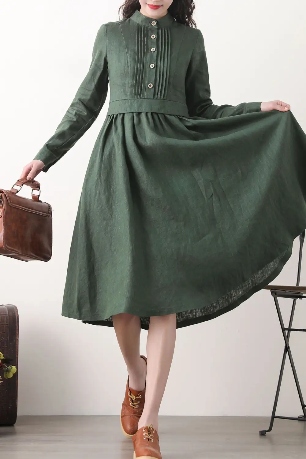 Refined Linen Pleated Long Sleeve Midi Dress