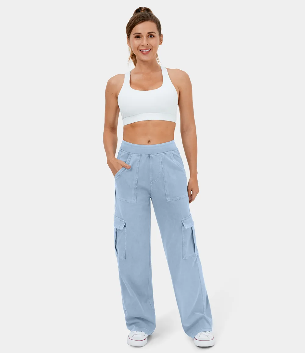 Magic Mid Rise Multiple Pockets Straight Leg Stretchy Knit Casual Cargo Jeans