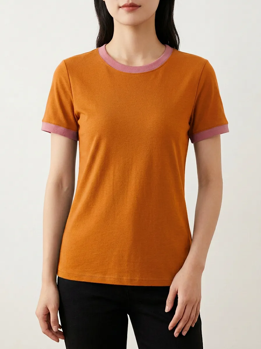 Women's Contrast-Trim Straight-Hem Crewneck Ringer T-Shirt