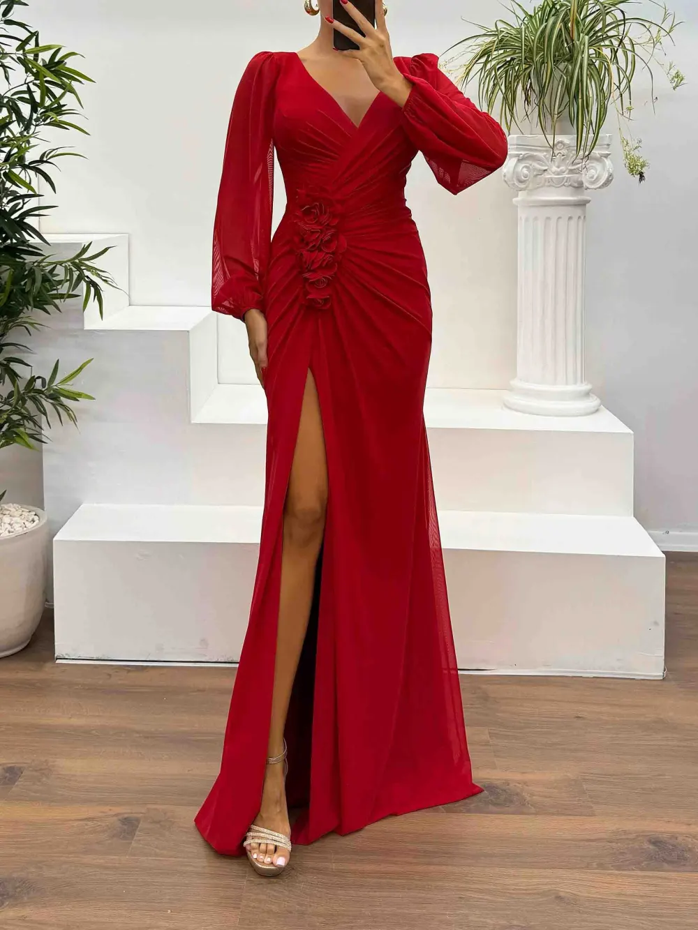V Neck Ruched Floral Maxi Dress