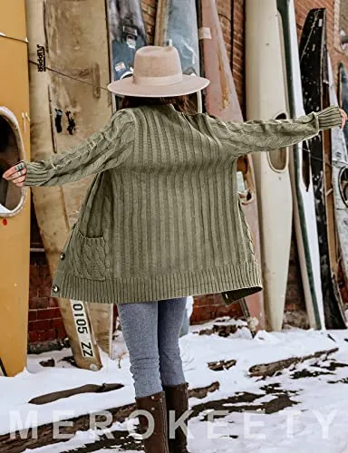 Womens Long Sleeve Cable Knit Long Cardigan Open Front Button Sweater Outerwear