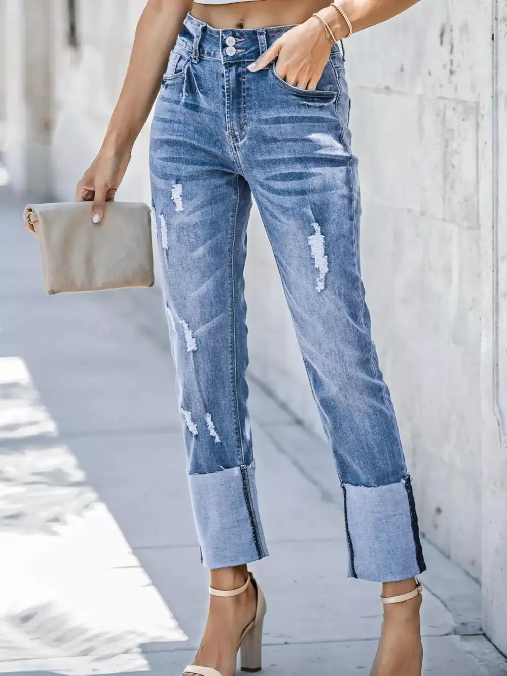 High-Waist Distressed Washed Stretch Straight Leg Jeans