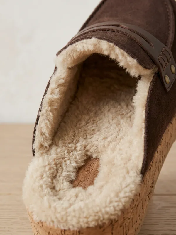Women's Heritage Faux Fur Lined Platform Suede Wood Sole Loafers