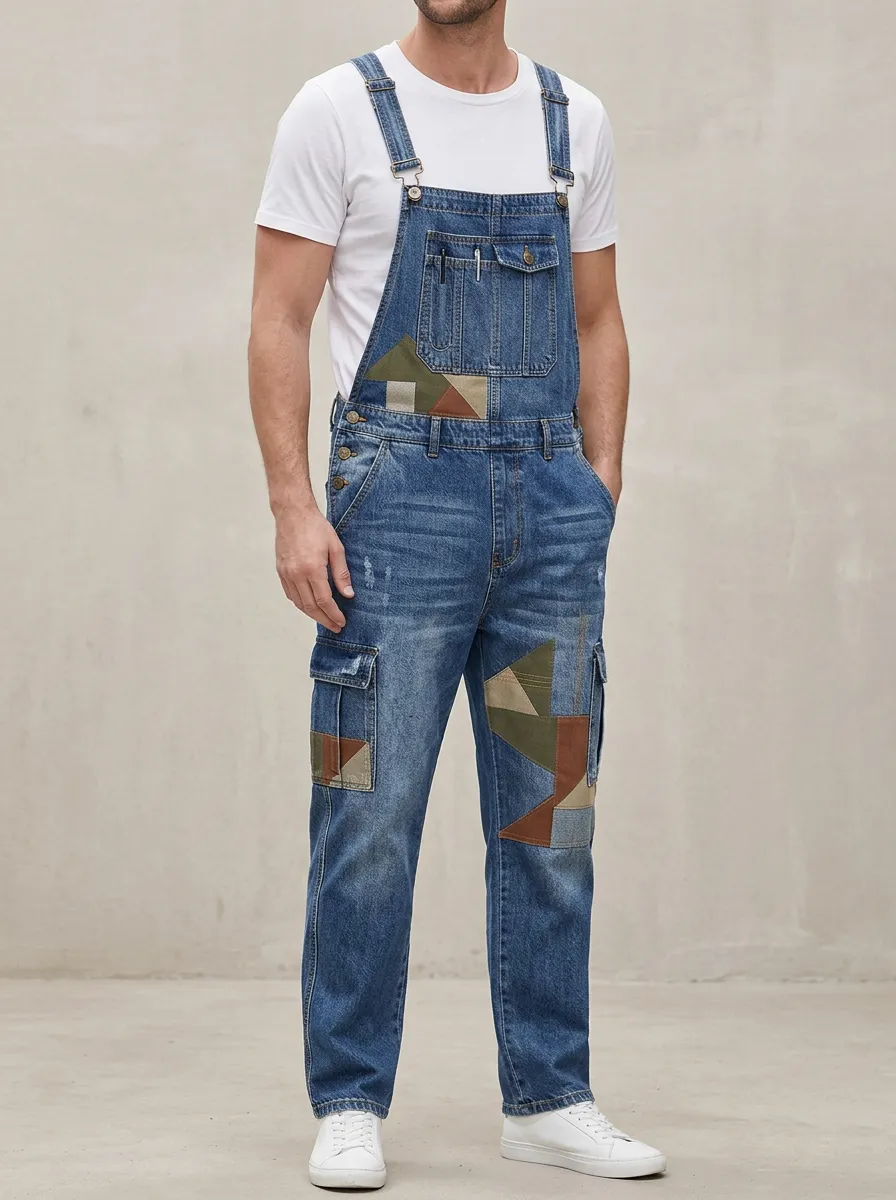 Denim Patchwork Cargo Overalls