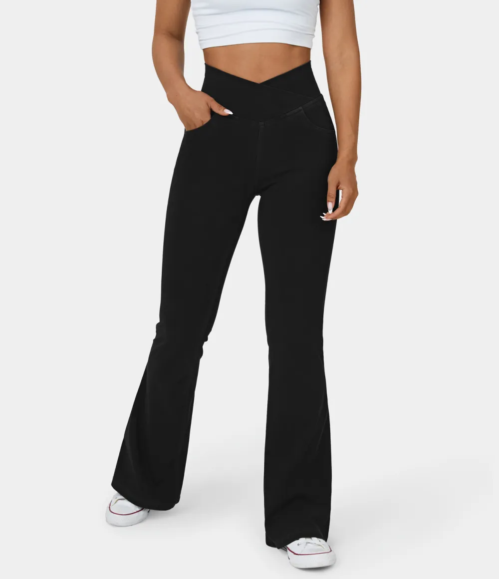 Magic High Waisted Crossover Pocket Cool Touch Washed Stretchy Knit Casual Super Flare Jeans