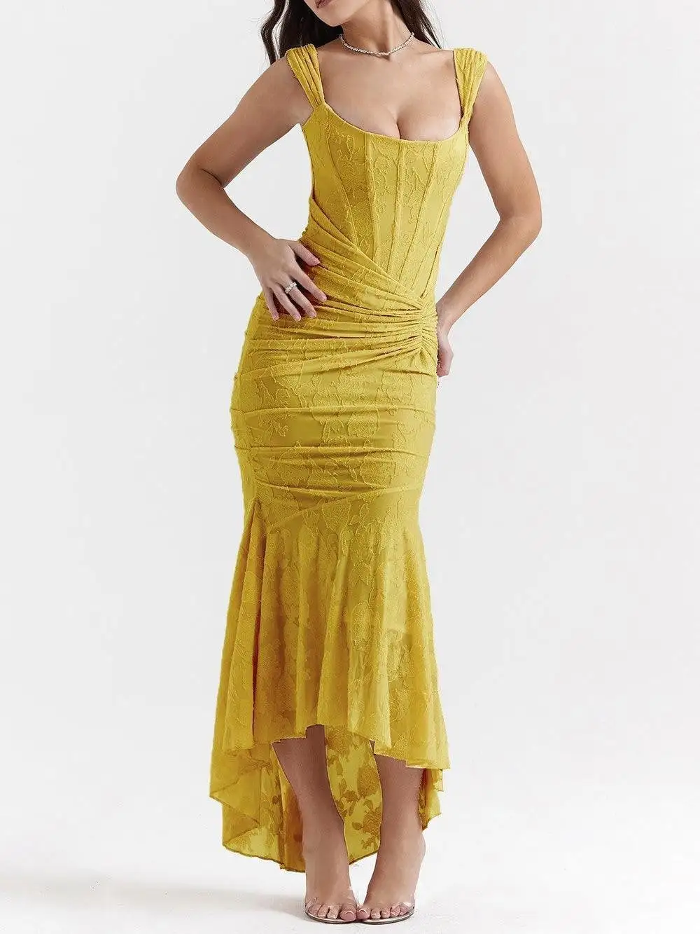 Women's Bodycon Jacquard Floral Ruched Dress