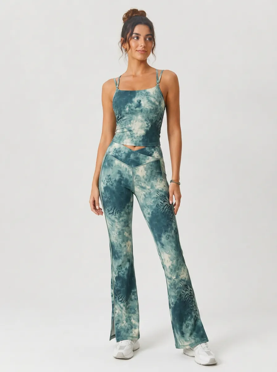 Women's Yoga Fitness Teal Tie-Dye Printed Workout Set