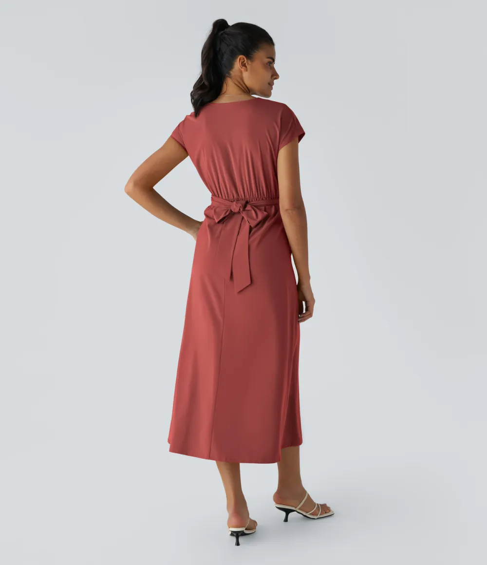 Breezeful V Neck Short Sleeve Side Pocket Tie Back Quick Dry Midi Casual Dress