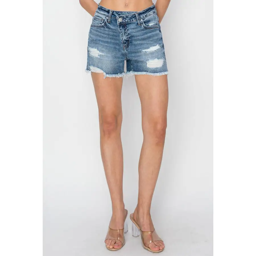 Risen Stepped Waist Frayed Denim Shorts