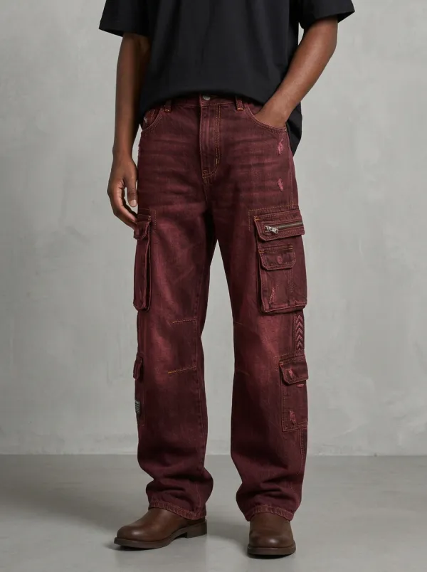 Men's Washed Black Multi-Pocket Zip Utility Pocket Cargo Pants