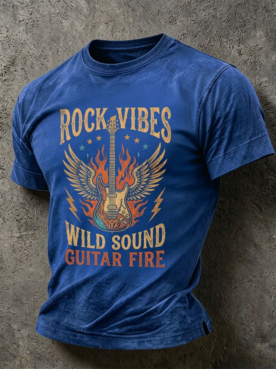 Unisex Rock Music Lover Winged Guitar Fire Printed T-shirt