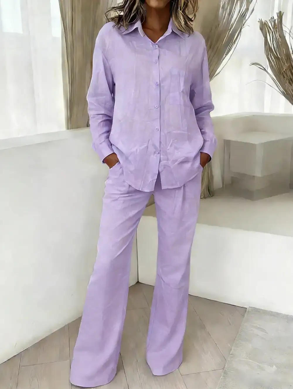 Shirt and Loose Wide-Leg Pants Suit