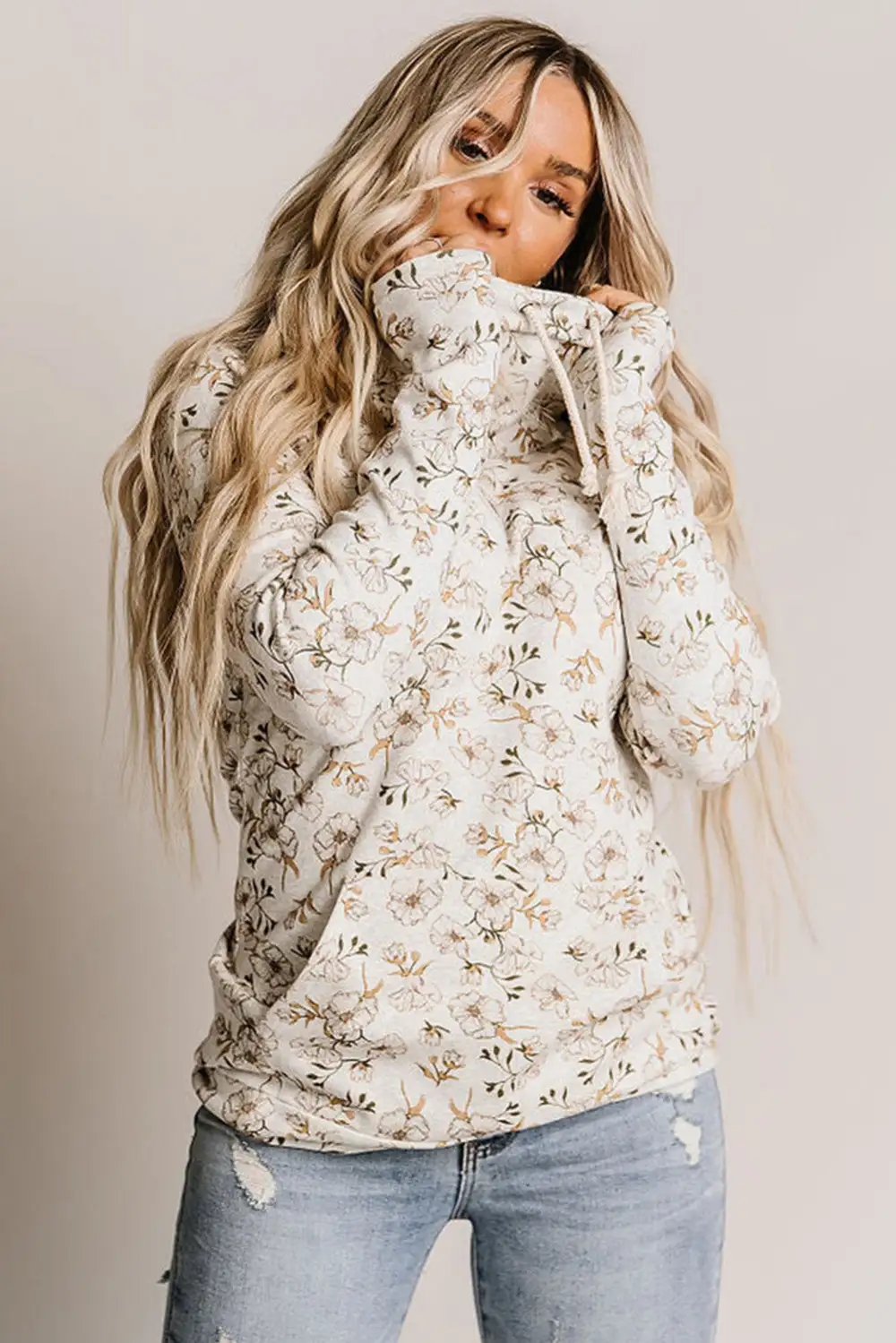 Cowl Neck Floral Print Sweatshirt