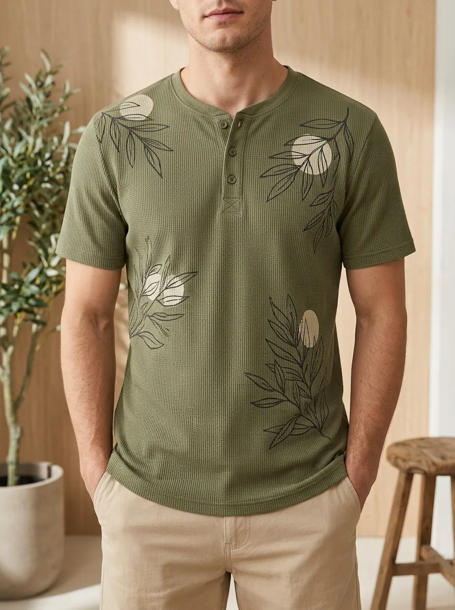 Men's Olive Botanical Leaf Printed Henley T-shirt