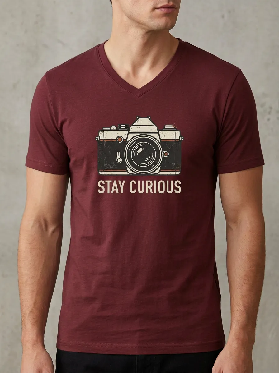 Men's Photographer Stay Curious Vintage Camera Printed V-neck T-shirt