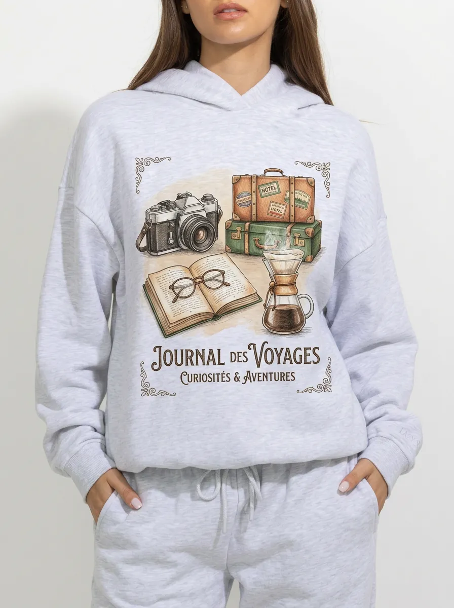 Women's Travel-Inspired Camera Suitcase Coffee Printed Hoodie