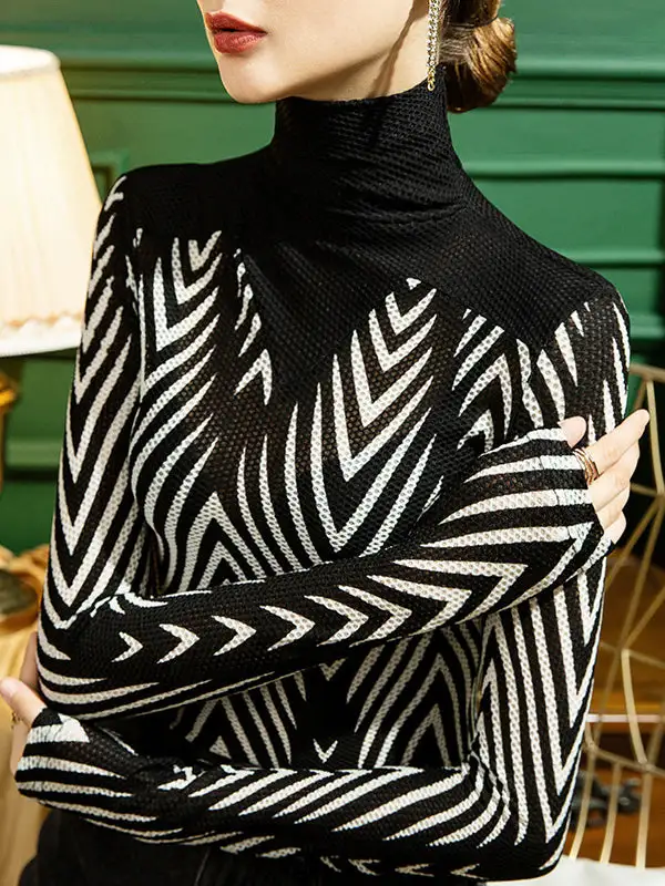 Long Sleeve Curve Fit Sheer Panel Detail High Neck Everyday T-Shirt