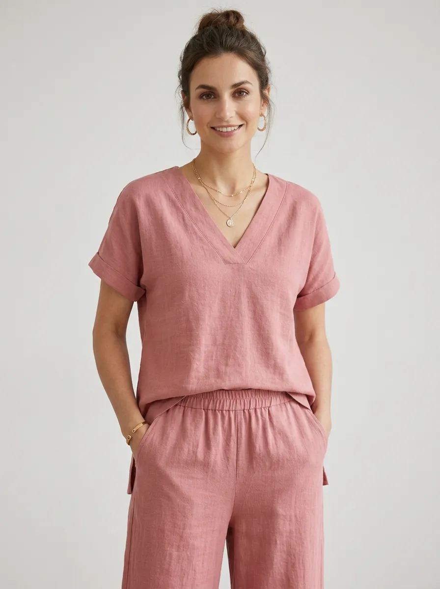 Short-Sleeve Cuffed-Sleeve Linen-Blend Women's V-Neck Shirt