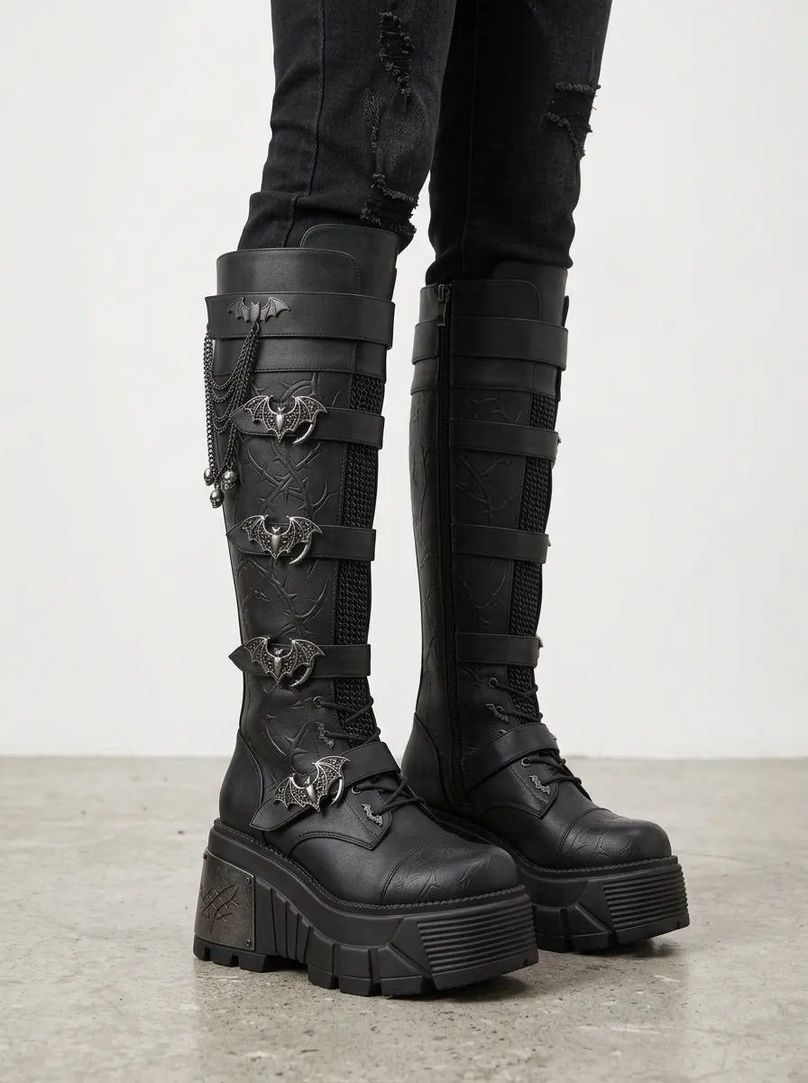 Classic Gothic Bat Thorn Chain Gothic Edit Women's Gothic Platform Boots