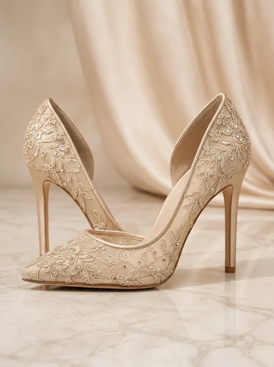 Rhinestone Floral Lace-Detail Embroidered Women's Formal High Heels
