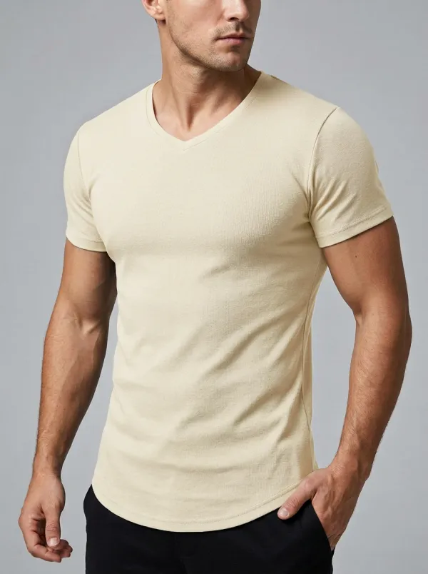 Classic Ribbed Curved Hem V-Neck Silhouette Men's Slim Fit Short Sleeve T-Shirt