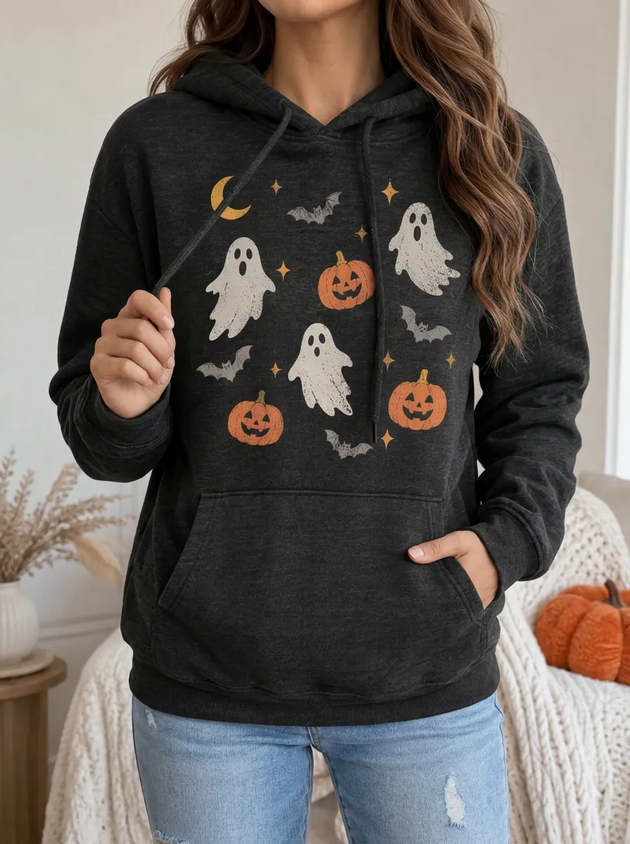 Women's Halloween Ghost Pumpkin Bat Chest Graphic Hoodie