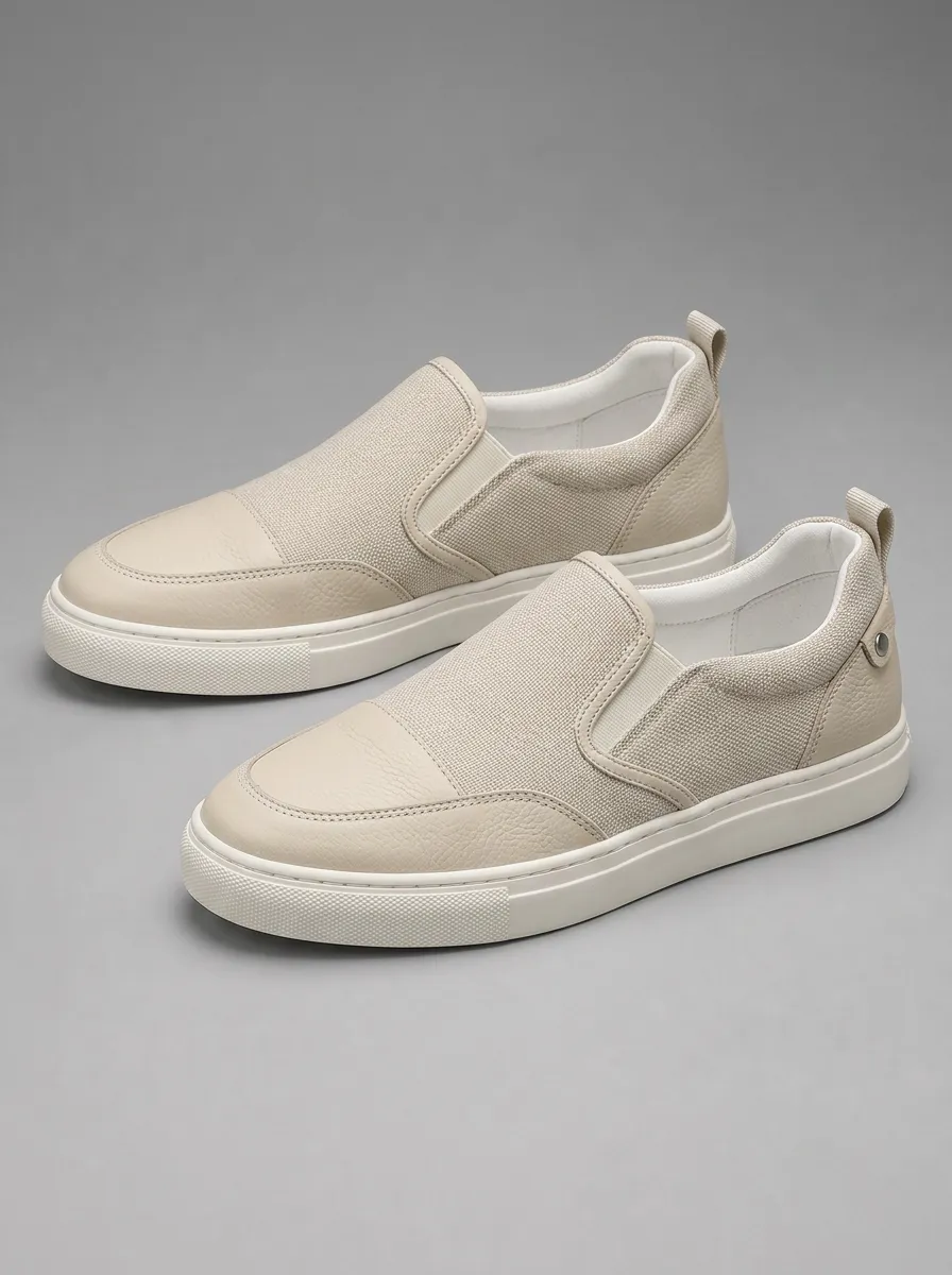 Men's Beige Canvas Leather Slip-on Casual Shoes