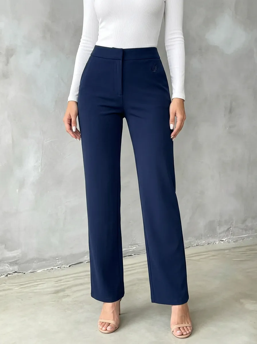 Women's Refined Everyday Leaf Embroidered Mid Rise Straight Leg Pants