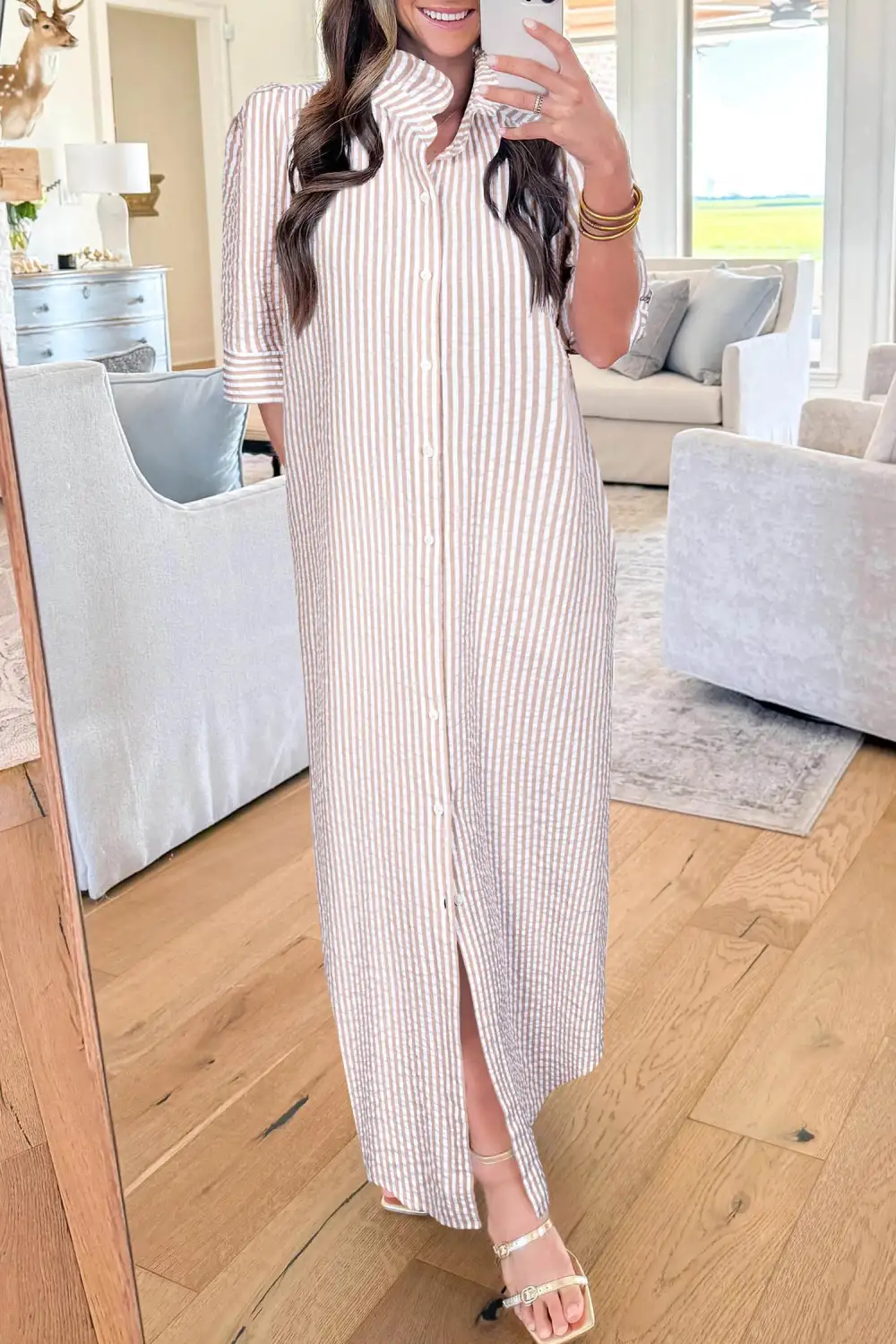 Stripe Frilled Collar Half Sleeve Shirt Maxi Dress