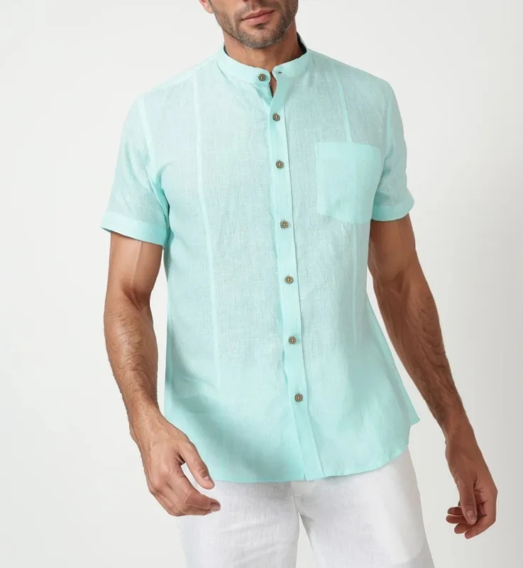 Cyan Blue Linen Mandarin Collar Shirt