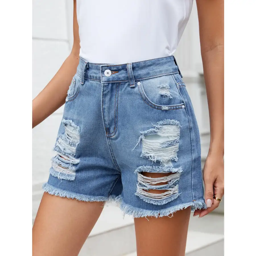 Refined Distressed Raw Hem Denim Shorts