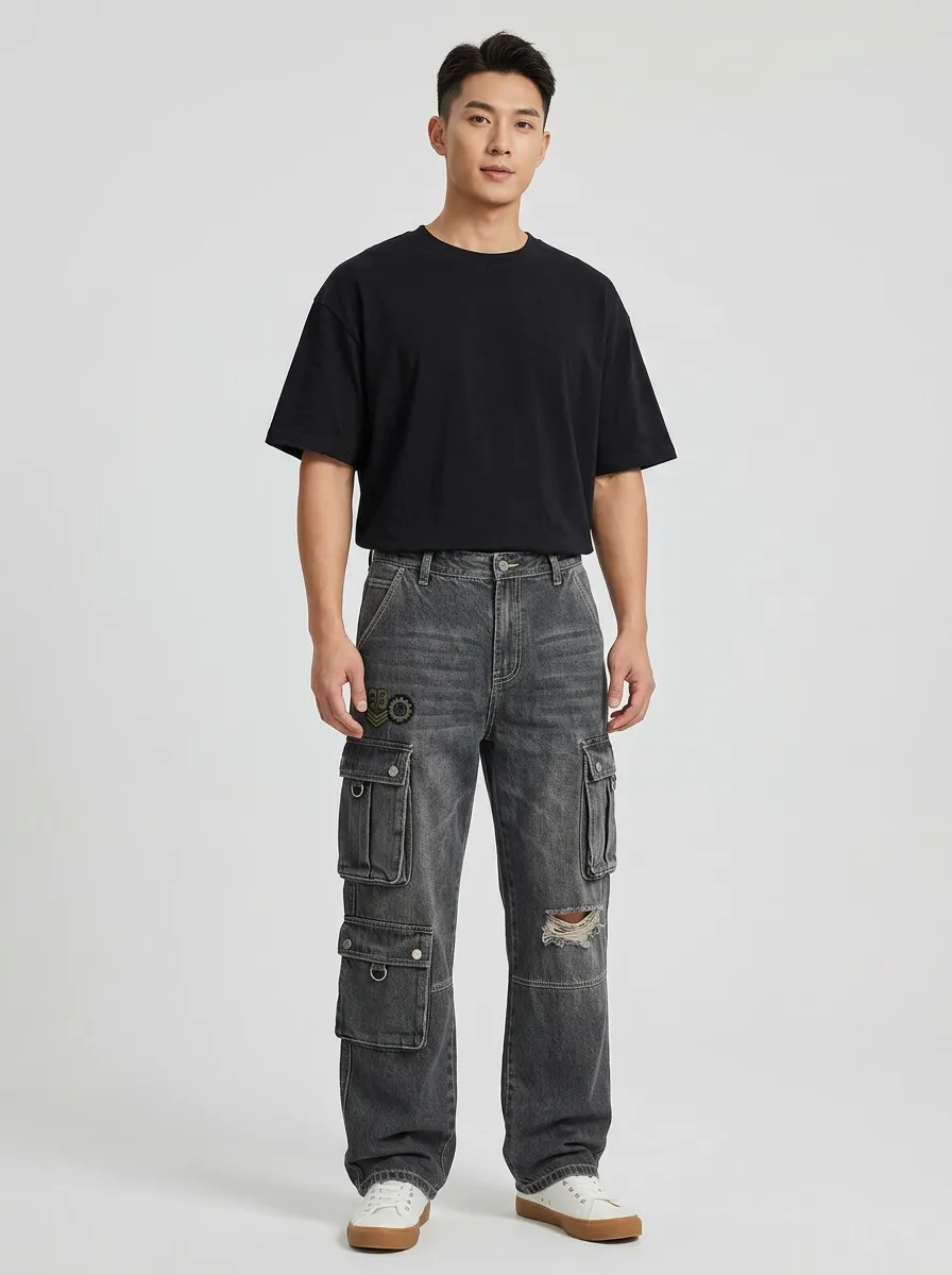 Men's Military Badge Distressed Washed Denim Cargo Jeans