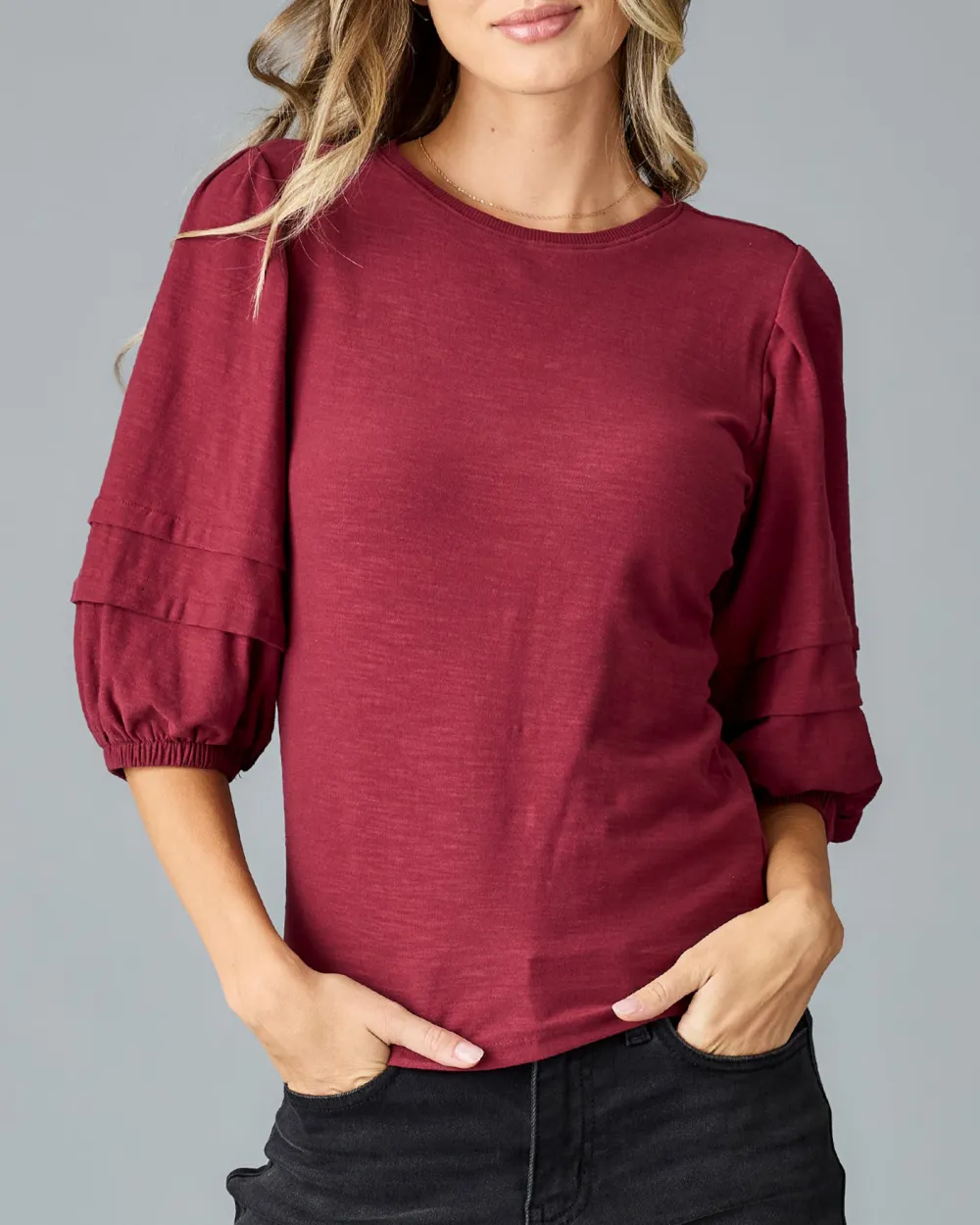 Wine Red Ruffled Three Quarter Sleeves Blouse