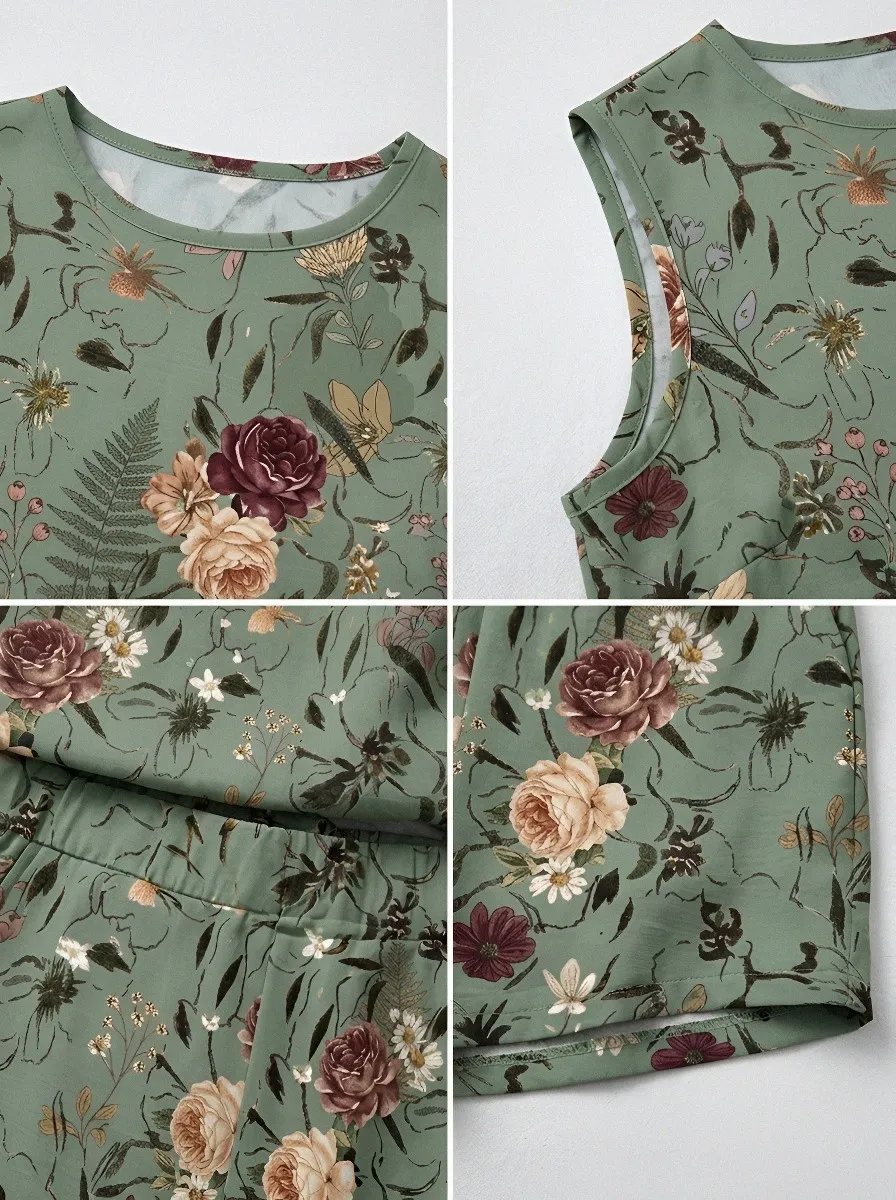 Women's Vintage Floral Sage Green Botanical Printed Sleeveless Shorts Set