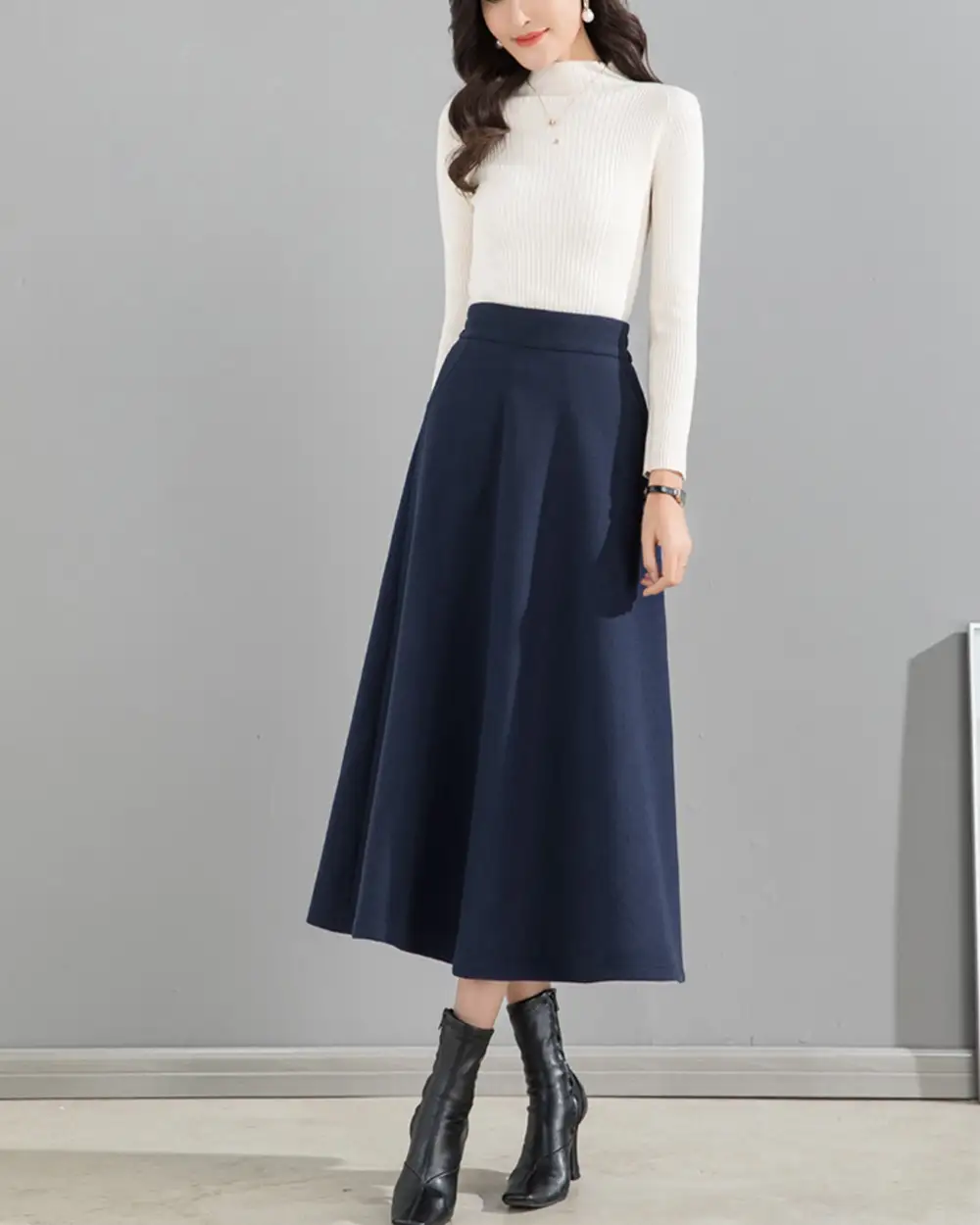 Pocketed Wool A Line Maxi Skirt