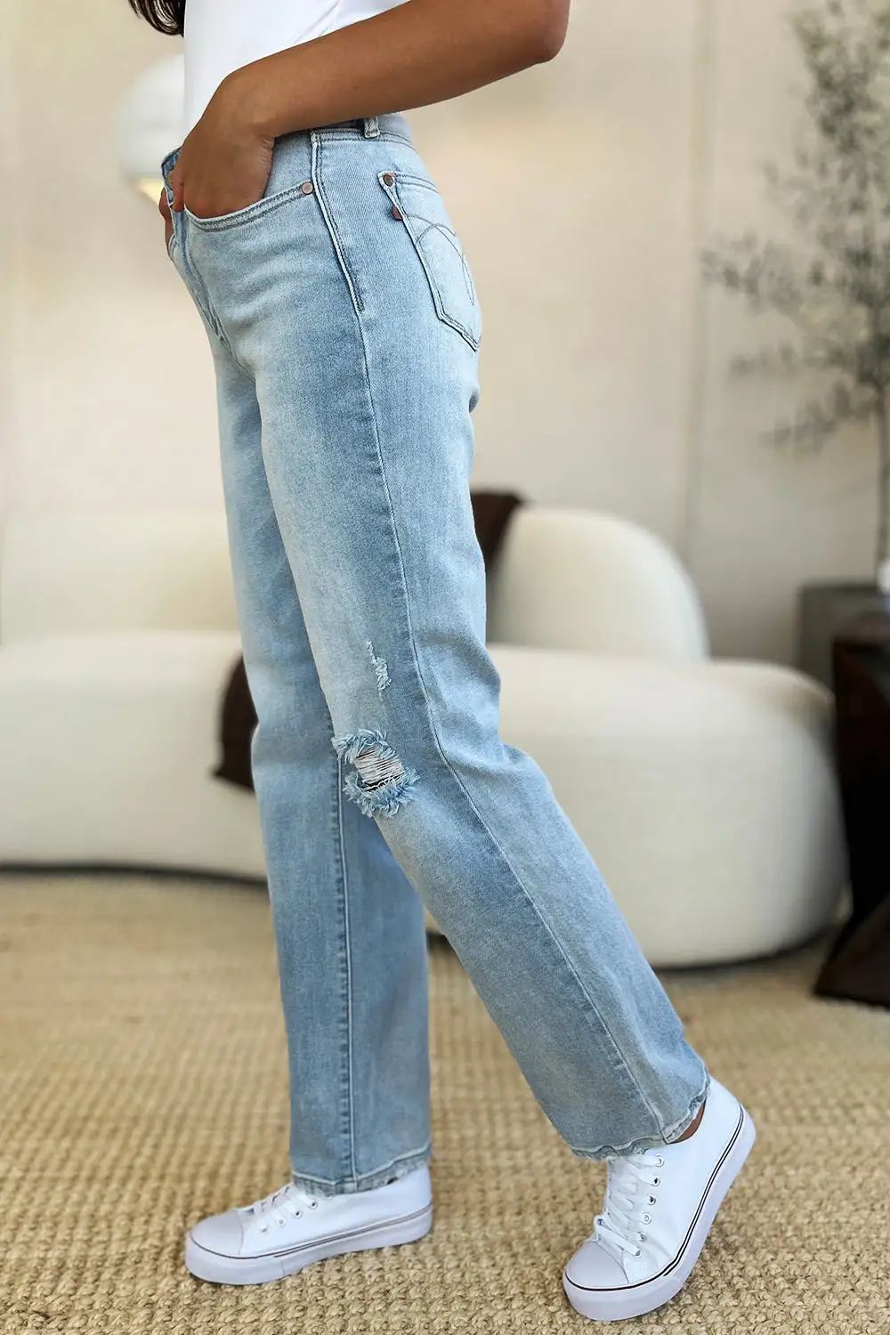 High Waist Distressed Straight Denim Jeans