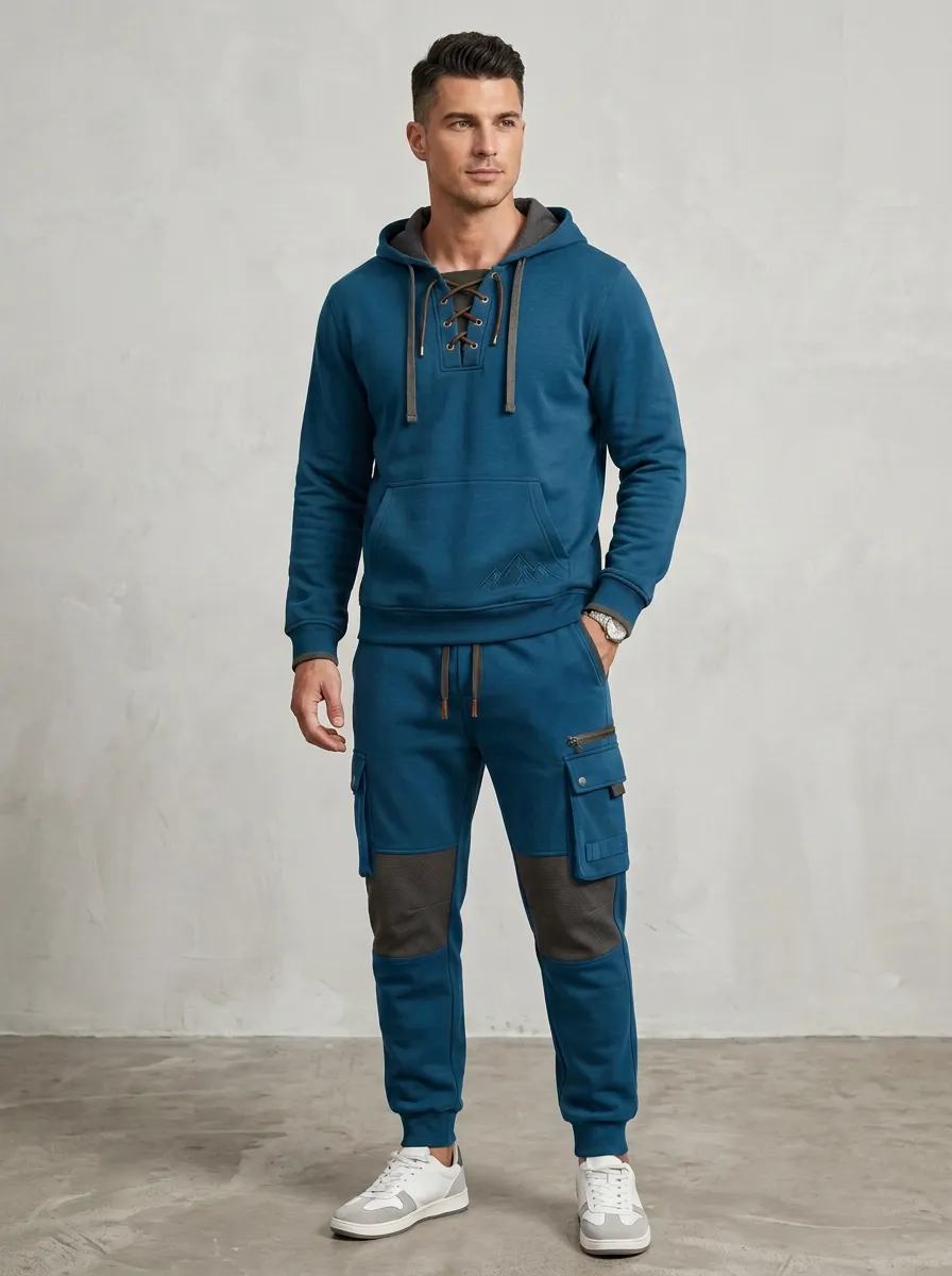Daily Lace-Up Mountain Graphic Daily Wear Men's Lace Up Hoodie And Cargo Jogger Set